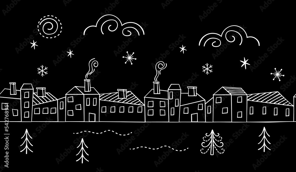 City street graphic design.Houses with windows and roofs drawn with a white line, snowflakes, clouds, firs, moon.Black background.Vector seamless border of stylized elements.Winter holyday concept.
