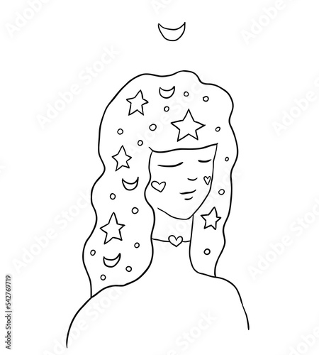 girl with a cosmic hairstyle, her hair is decorated with stars and the moon, she has closed her eyes and is meditating. vector illustration