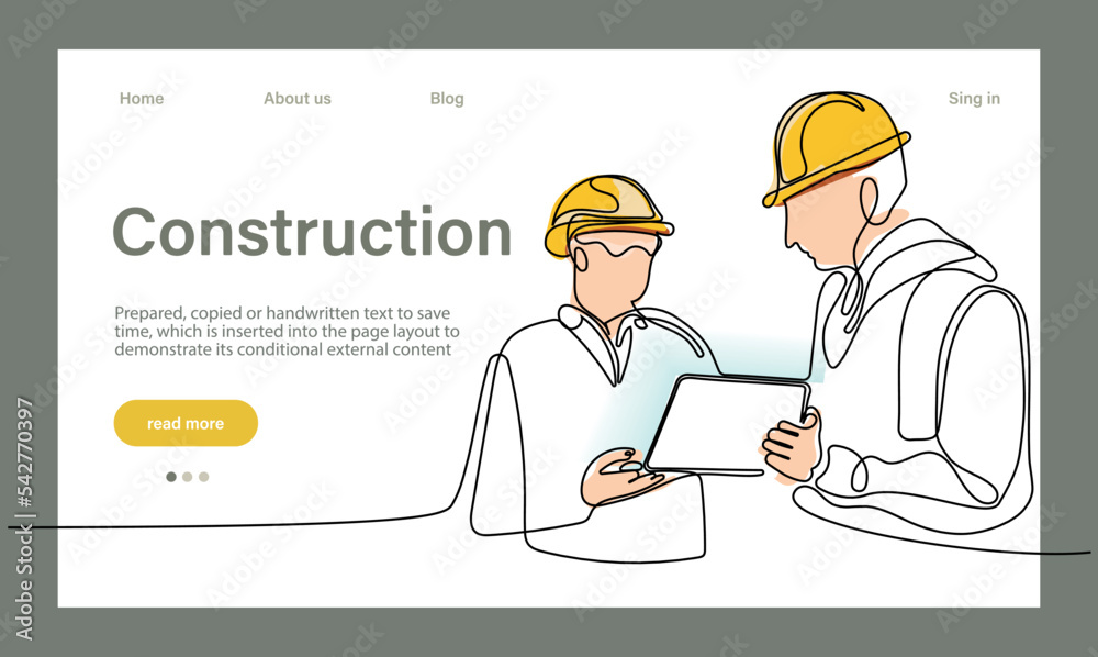 Vector landing page of architecture works with protective face masks for safety in machine industrial factory. Continuous one line drawing for your minimal design Vector landing page of architecture works with protective face masks for safety in machine industrial factory. Continuous one line drawing for your minimal design