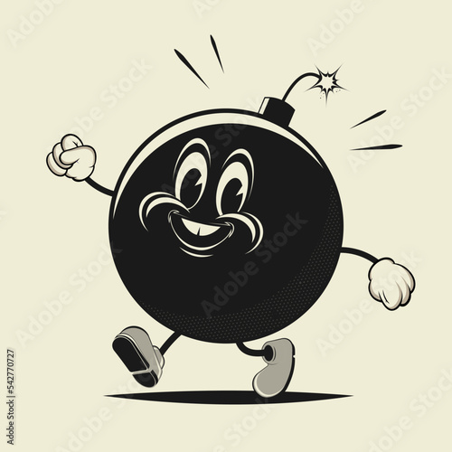 funny walking cartoon bomb in retro style