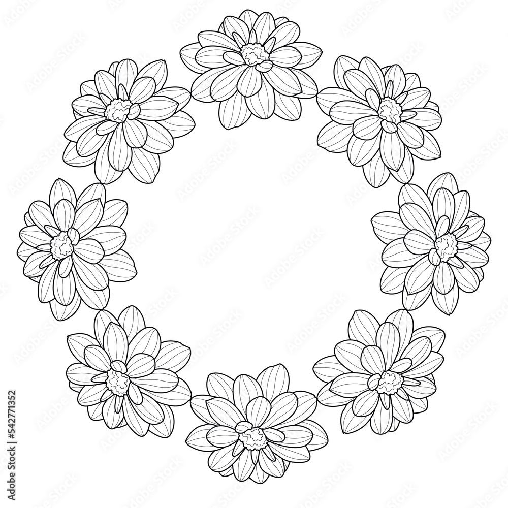  Wreath with dahlia.Coloring book antistress for children and adults. Illustration isolated on white background.Zen-tangle style. Hand draw