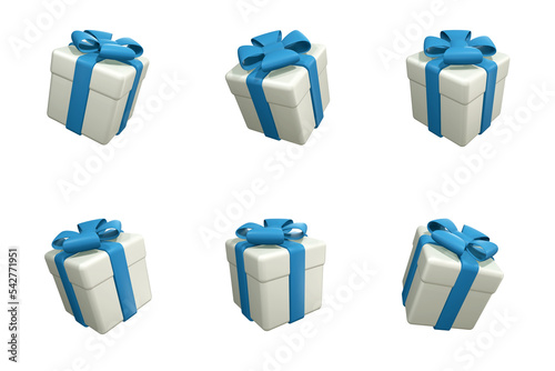 Set of white gift boxes with blue ribbon and bows. Isolated on a transparent background. 3d render