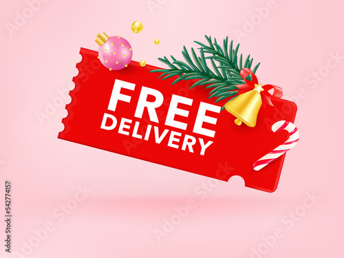3D Gift voucher with red coupon. For Christmas sales and Discount online purchases. In red and green pine isolated on pink background. 3d rendering.