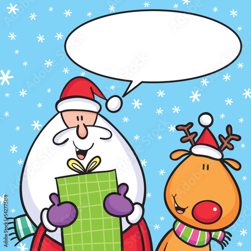 Christmas card cartoon of Santa and gift with Rudolph the red-nosed reindeer on a snowy background with a blank speech bubble 