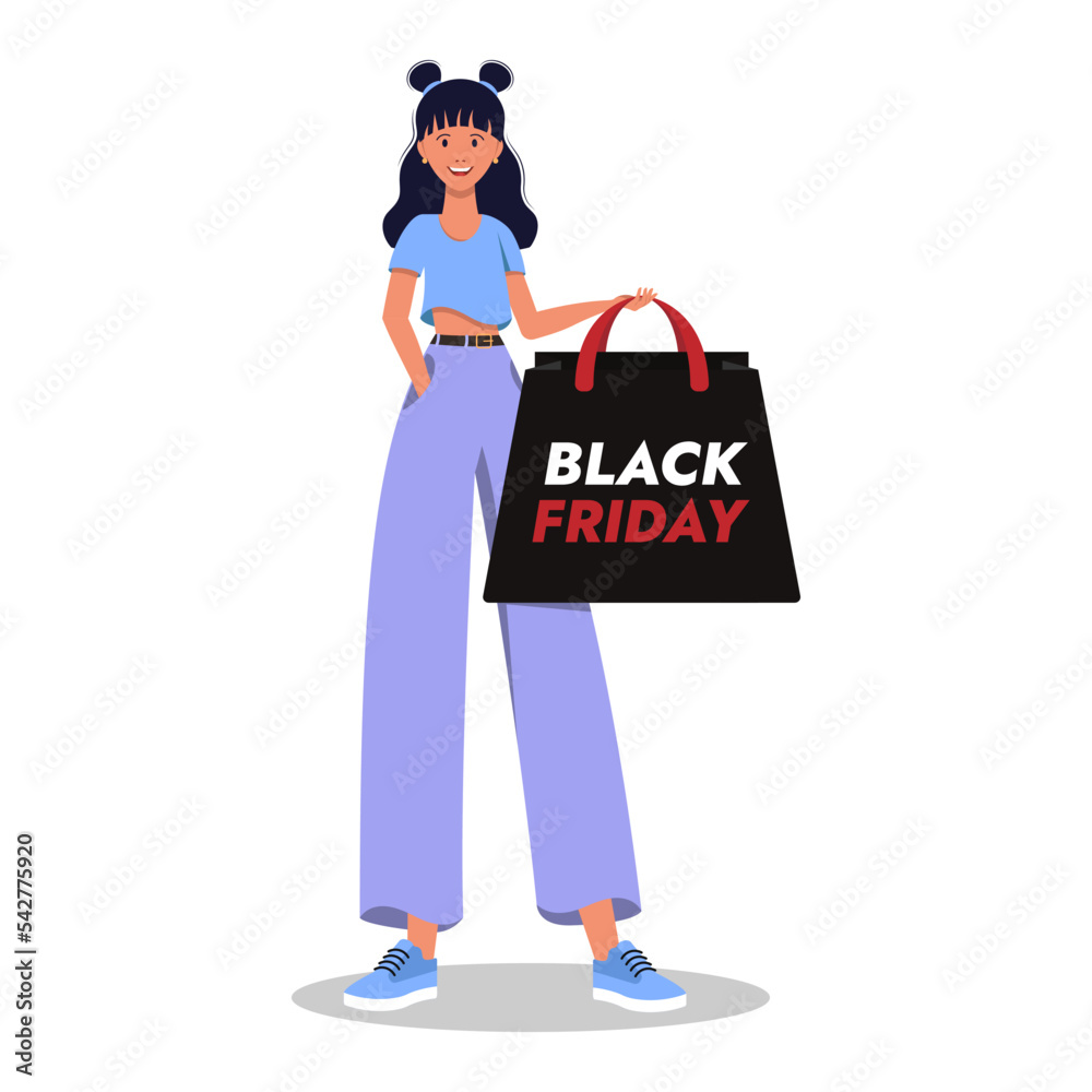 Girl holding a package, black friday. Isolated on white