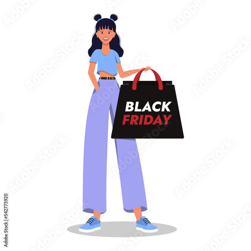 Girl holding a package, black friday. Isolated on white