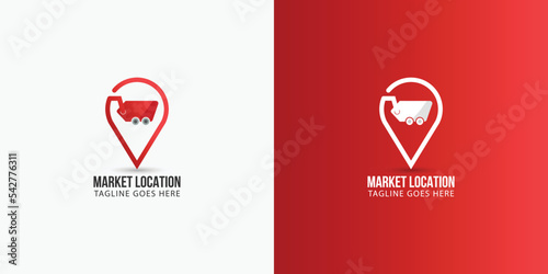 icon with Red shopping cart. simple flat style trend modern logotype graphic design on white background. concept of find a hypermarket on the map in city and marketing on-line service.