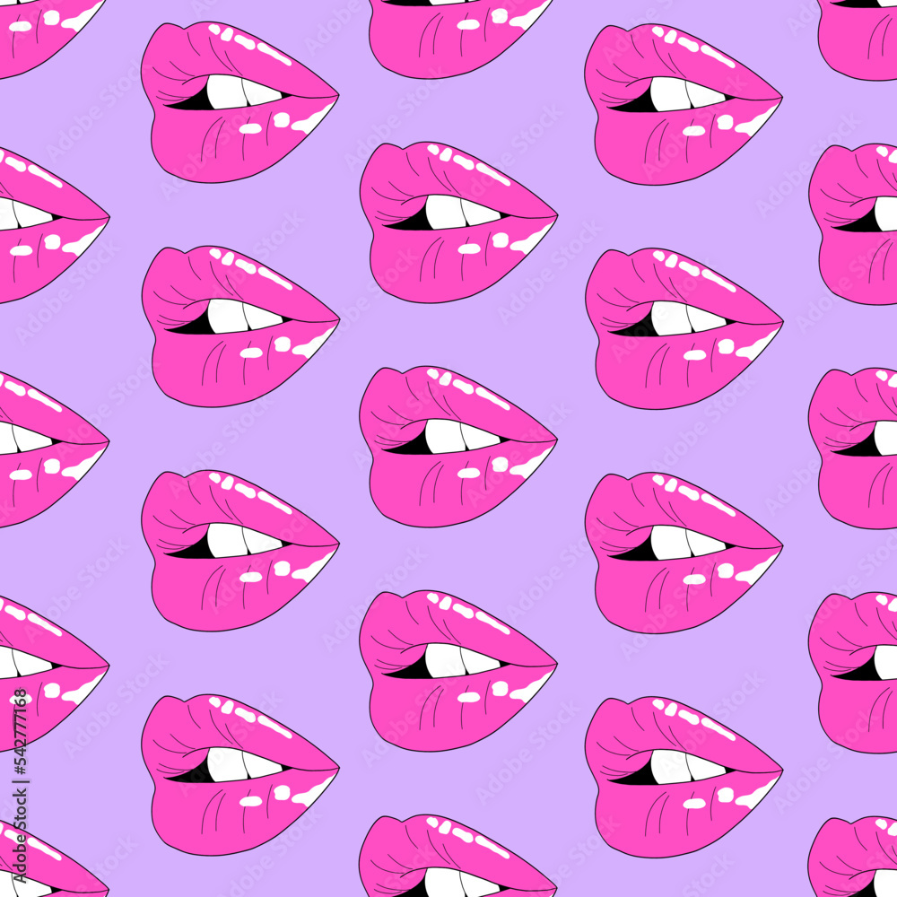 Obraz premium Seamless pattern with pink womans' lips. Love theme, feminine design. Hand drawn vector illustration