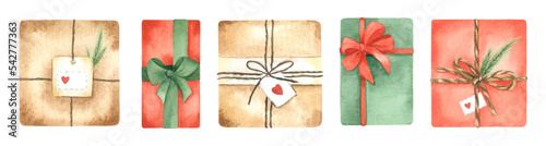Presents. Set of a beautiful Christmas gift boxes. Watercolor hand drawn illustration. Christmas gift boxes covered with decorative paper. Isolated. Festive illustration for design elements