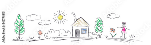 House, Sun, girl, tree, flowers - scribbles are drawn by a child's hand with colored pencils. Children's primitive doodle drawings