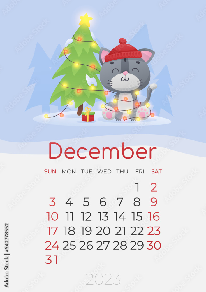 Calendar of 2023 year, December, poster with cute gray kitty, cat in red cap, entangled in a garland,  with Christmas tree, yellow star and trees. Vector illustration for postcard, banner, web, design