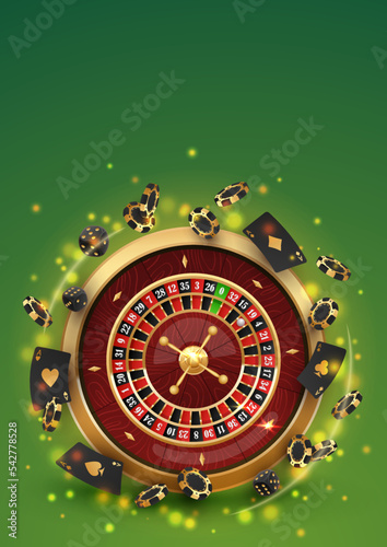 Сasino roulette with black poker chips, tokens, playing cards, dices, around, on green background with golden lights, glare, sparkles. Vector illustration for casino, game design, advertising.