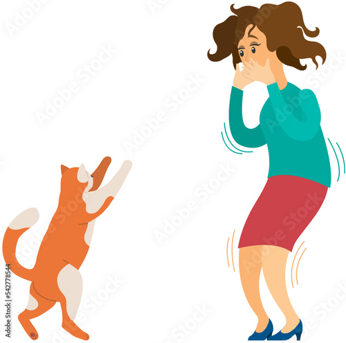 Young woman character scared of red cat. Girl believe in bad omen or afraid of animal with claws. Female character was frightened and clutched her face with hands. Ailurophobia obsessive fear of cats