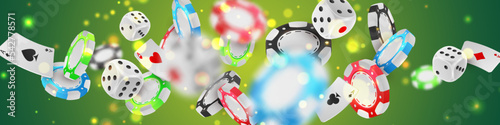 Banner with explosion of colored poker chips, tokens, playing cards, dices on green background with golden light, sparkles. Vector illustration for casino, game design, advertising.