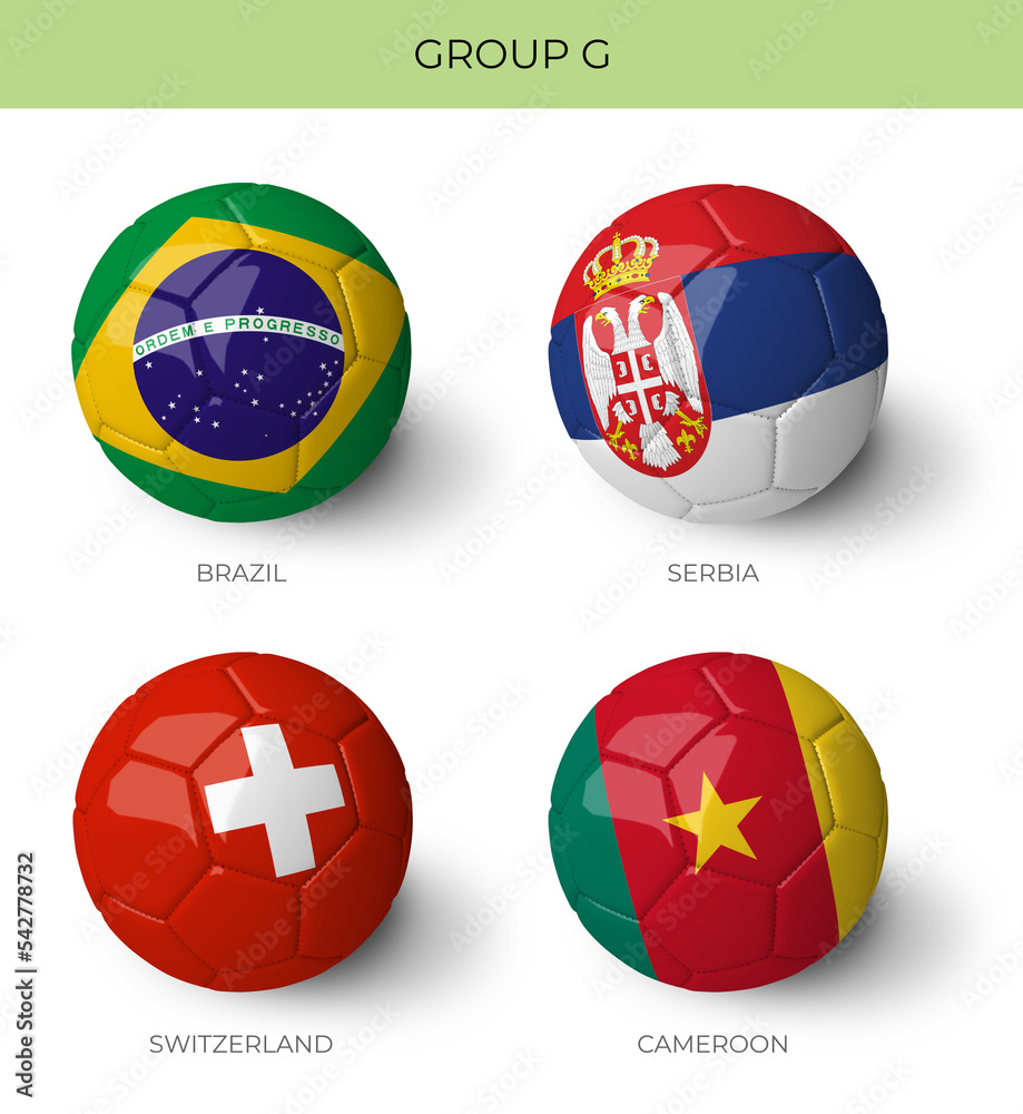 Obraz premium Group G 3D Balls with flags on white background for Qatar 2022 world cup groups 