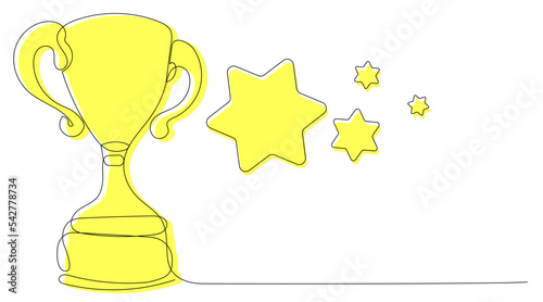 Single line winner cup on a white background. The concept of winning in business or sports competition. Vector illustration of a goblet with a colored yellow silhouette.