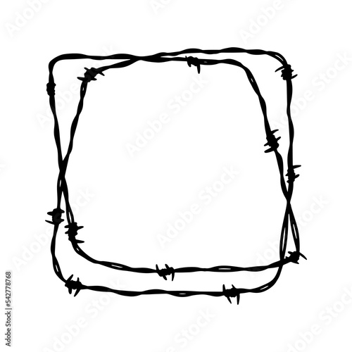 Barbed wire square frame. Hand drawn vector illustration in sketch style. Design element for military, security, prison, slavery concepts