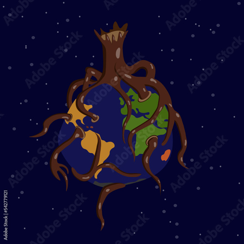 Planet earth on a felled tree covered in roots against the background of a starry sky