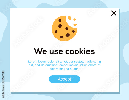 We use cookies concept. Internet web pop up banner. Website policy notification. Accept cookies web page template. GDPR data protection. Flat creative modern interface design vector illustration.