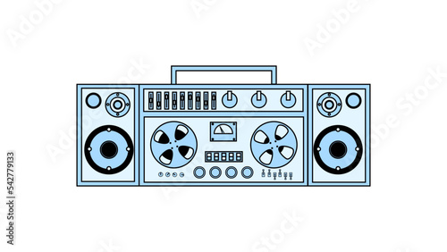 Old retro vintage music cassette tape recorder with magnetic tape on reels and speakers from the 70s, 80s, 90s. Beautiful icon. Vector illustration