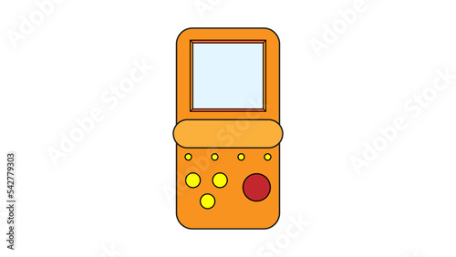 Old retro vintage hipster handheld game console with screen and buttons, tetris from 70s, 80s, 90s. Yellow icon. Vector illustration
