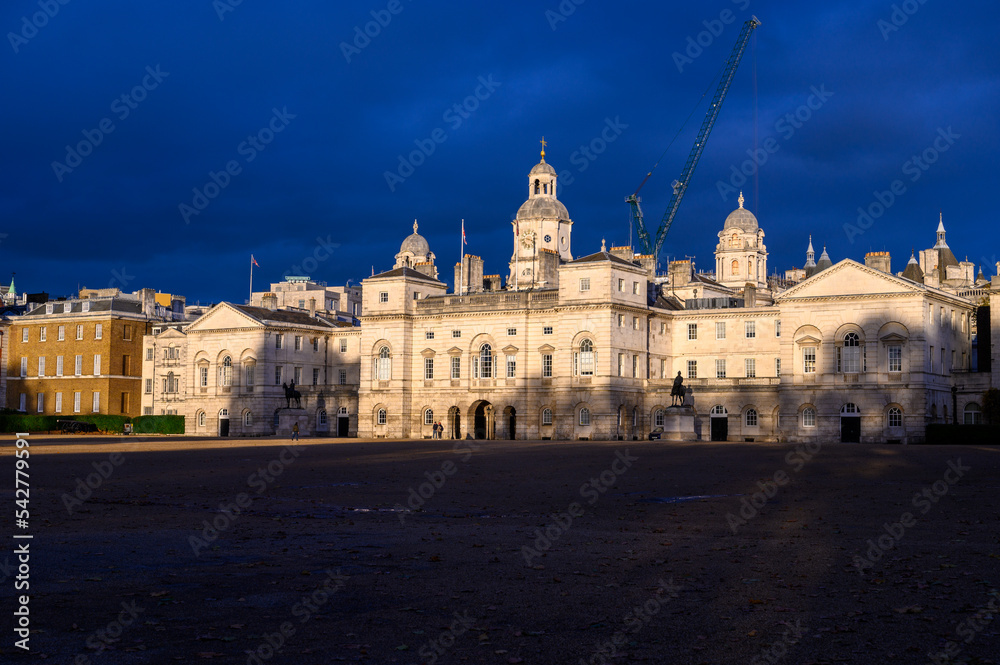 Horse Guards Parade, dark stormy clouds and crane