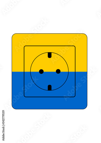Close-up of power plug with Ukraine flag at apartment room. Illustration made November 1st, 2022, Zurich, Switzerland.