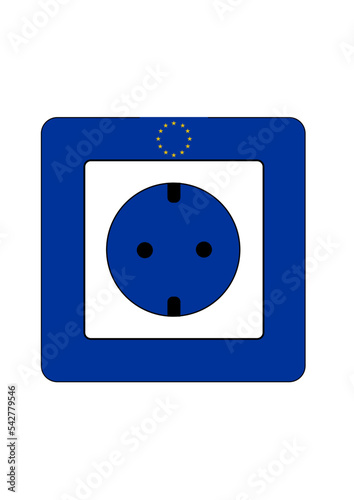 Close-up of power plug with EU flag at apartment room. Illustration made November 1st, 2022, Zurich, Switzerland.