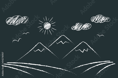 Mountains, Sun, clouds, seagulls - scribbles drawn by a child's hand with colored pencils. Seascape illustration isolated on white background