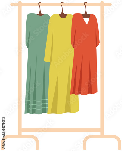 Wardrobe, womens clothing on stand in dressing room. Choosing clothes, garments for outfit concept. Hanger for home or boutique interior. Colored dresses on hangers for fitting room or showroom