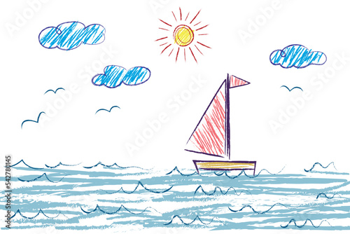 Sea, Sailboat, Sun, clouds, seagulls - scribbles drawn by a child's hand with colored pencils. Seascape illustration isolated on white background