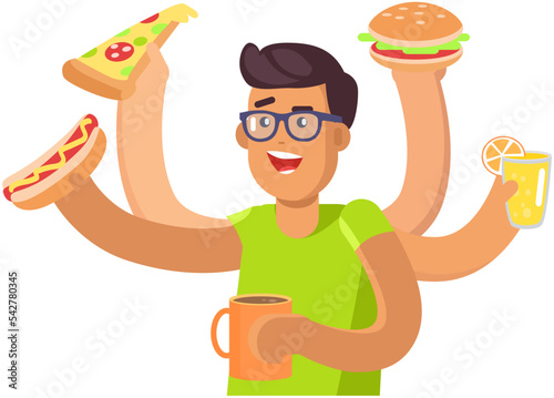 Multitask man with different food. Guy with many hands coping with multitasking in kitchen. Person eating or cooking meals. Male character holding junk food, fastfood dishes, talented and skills