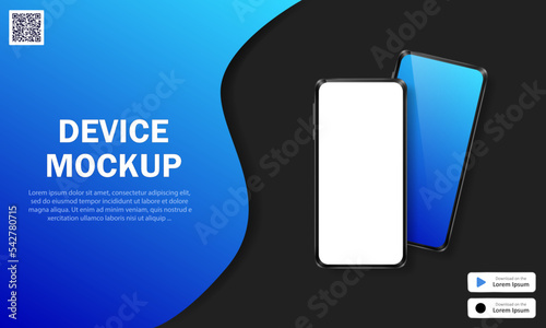 Advertising banner with realistic smartphones, text, QR code and download buttons. Dark vector background with 3d modern phones and blue decoration. Application advertisement, device presentation