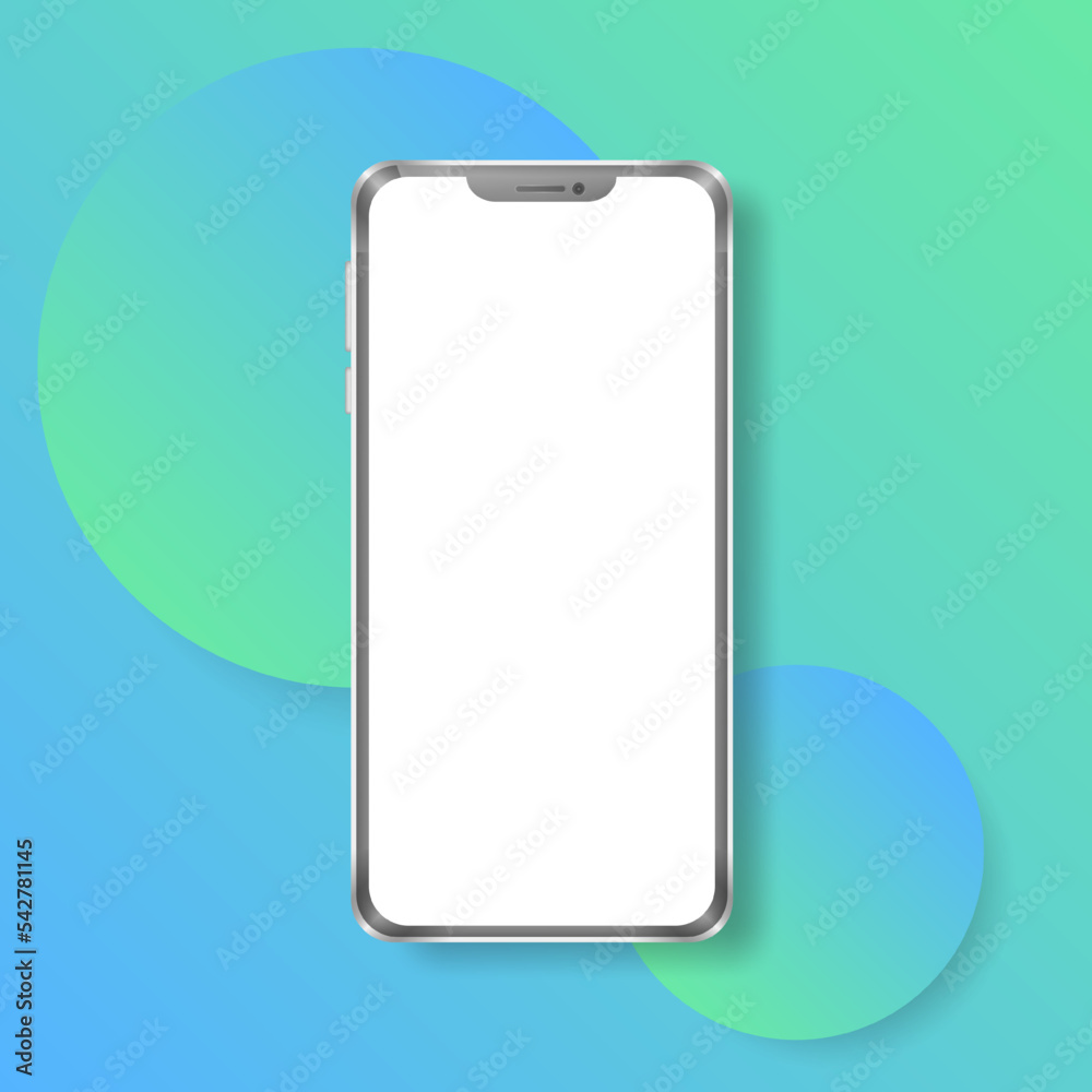 Mockup of silver metallic phone with white empty screen on cyan ...