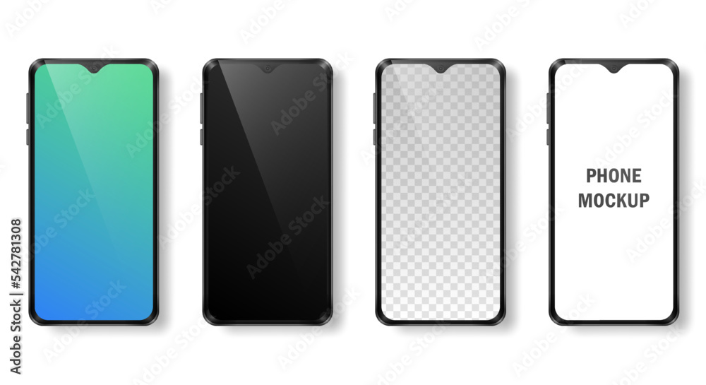 Mockup of four realistic phones with black frame and dark, gradient, white and transparent screens. Modern devices, mobile phones isolated on white background. Vector template for advertisement Mockup of four realistic phones with black frame and dark, gradient, white and transparent screens. Modern devices, mobile phones isolated on white background. Vector template for advertisement