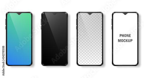 Mockup of four realistic phones with black frame and dark, gradient, white and transparent screens. Modern devices, mobile phones isolated on white background. Vector template for advertisement