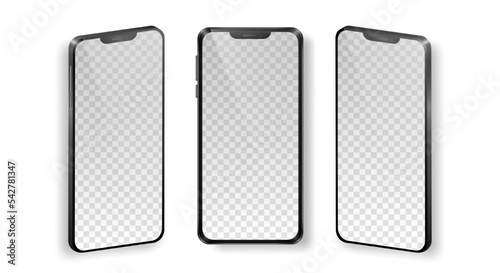 Mock up of realistic mobile phones in front and perspective view. Collection of phones with black frame and transparent screen isolated on white background. Vector device template for advertisement