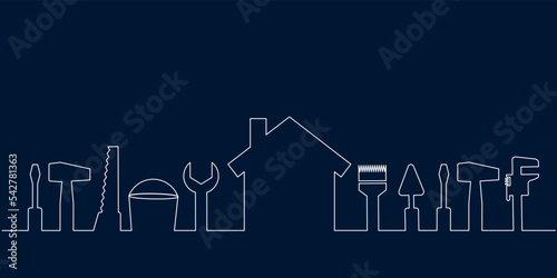 Professional handyman services. Vector banner template with tools collection and text space. Set of repair tools on dark blue background for your design. EPS10.