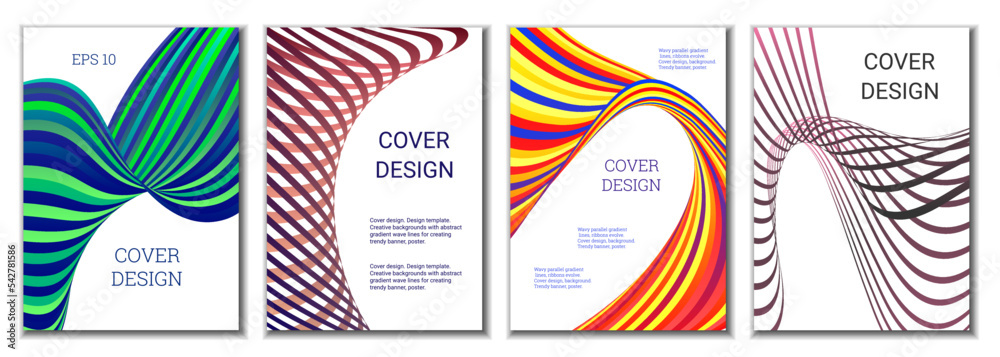A set of 4 abstract covers. Wavy parallel gradient lines, ribbons evolve. Cover design, background. Trendy banner, poster. A set of 4 abstract covers. Wavy parallel gradient lines, ribbons evolve. Cover design, background. Trendy banner, poster.