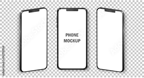 Mockup of realistic mobile phones in front and isometric view. Collection of phones with black frame and white blank screen isolated on transparent background. Modern device template for advertisement