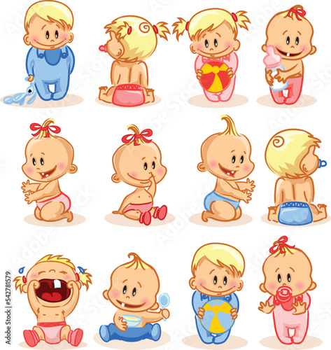Set with cute little baby in different situations. Playing, sleeping, sitting, lying, crawling baby. Happy smiling newborn boy or girl.