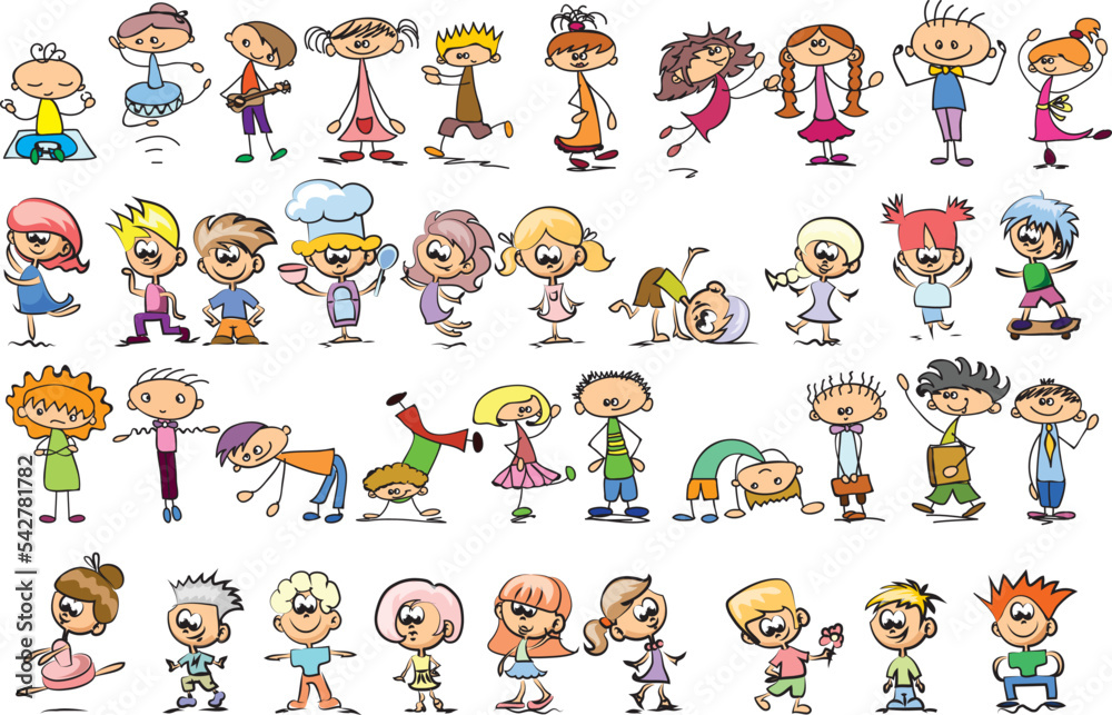 Happy children in summer park. Funny small kids play, run and jump. Set of elements in childish doodle style. Hand drawn illustration Happy children in summer park. Funny small kids play, run and jump. Set of elements in childish doodle style. Hand drawn illustration