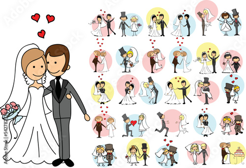Doodle wedding set for invitation cards, including template design decorative elements - flowers, bride, groom, church, hearts