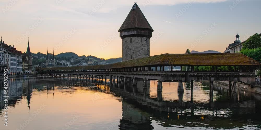 Kapellbrucke Luzern Sunrise Time lapse Switzerland 4K