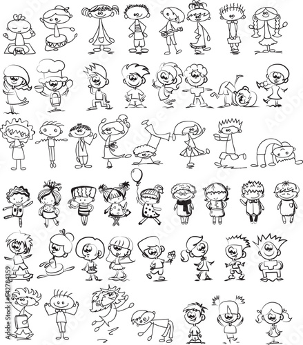 Happy children doodle set. Funny small kids play, run and jump. Set of elements in childish doodle style. Hand drawn illustration