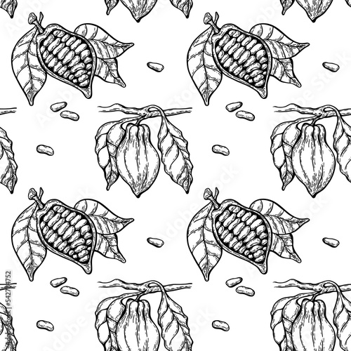 Seamless black and white pattern in hand-drawn doodle style, cocoa beans with leaves on a branch