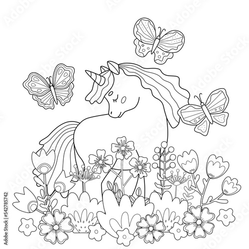 Kids coloring book with cute unicorn, flowers and butterflies. Simple shapes, outline for small children, template for greeting cards. Cartoon vector illustration.