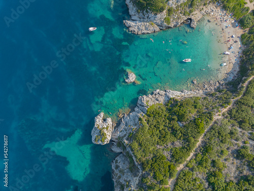 Aerial view of the coastline that lead to Porto Timoni beach  Corfu island  Greece. Thin strip that forms two beaches bathed by crystal clear waters