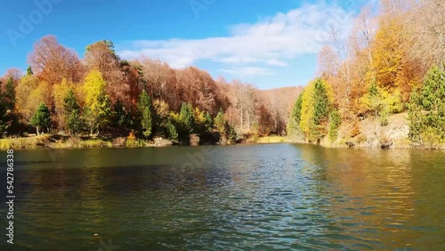 Topuk Pond Autumn Foliage Scenery View, Multicolor Reflecting on Surface in Sunny Day. Colorful Trees with Red, Orange, Yellow, Golden Colors Around the Park in Domanic, Kutahya - Turkiye photo