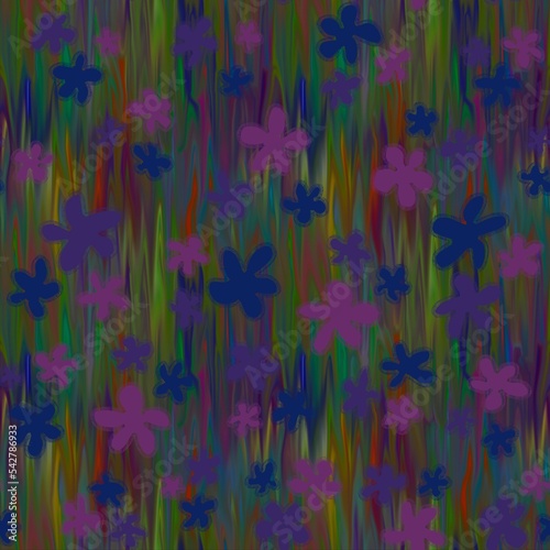 Trendy fabric pattern with hand drawn miniature colorful flowers on oil pastel brushstrokes on colorful background.Motifs scattered random.Handdrawn grunge texture for print,textile,wrapping paper